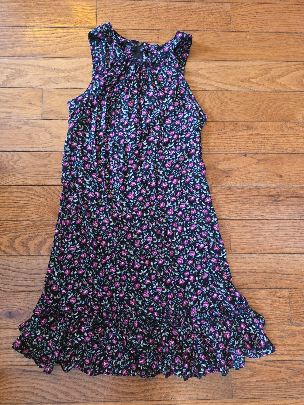 Vintage Karin stevens Black Floral Mini Dress with Pink and Blue Flowers